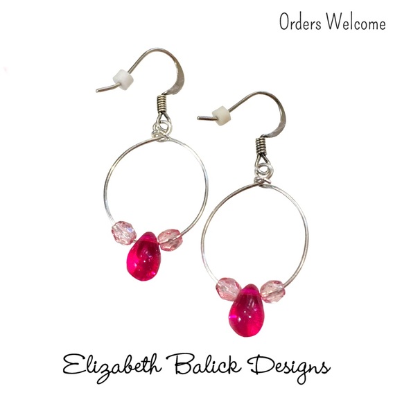 Elizabeth Balick Designs Jewelry - Handmade Drop Hoop Earrings Silver w/ Pink Czech Glass Beads EB Designs (Me) NEW